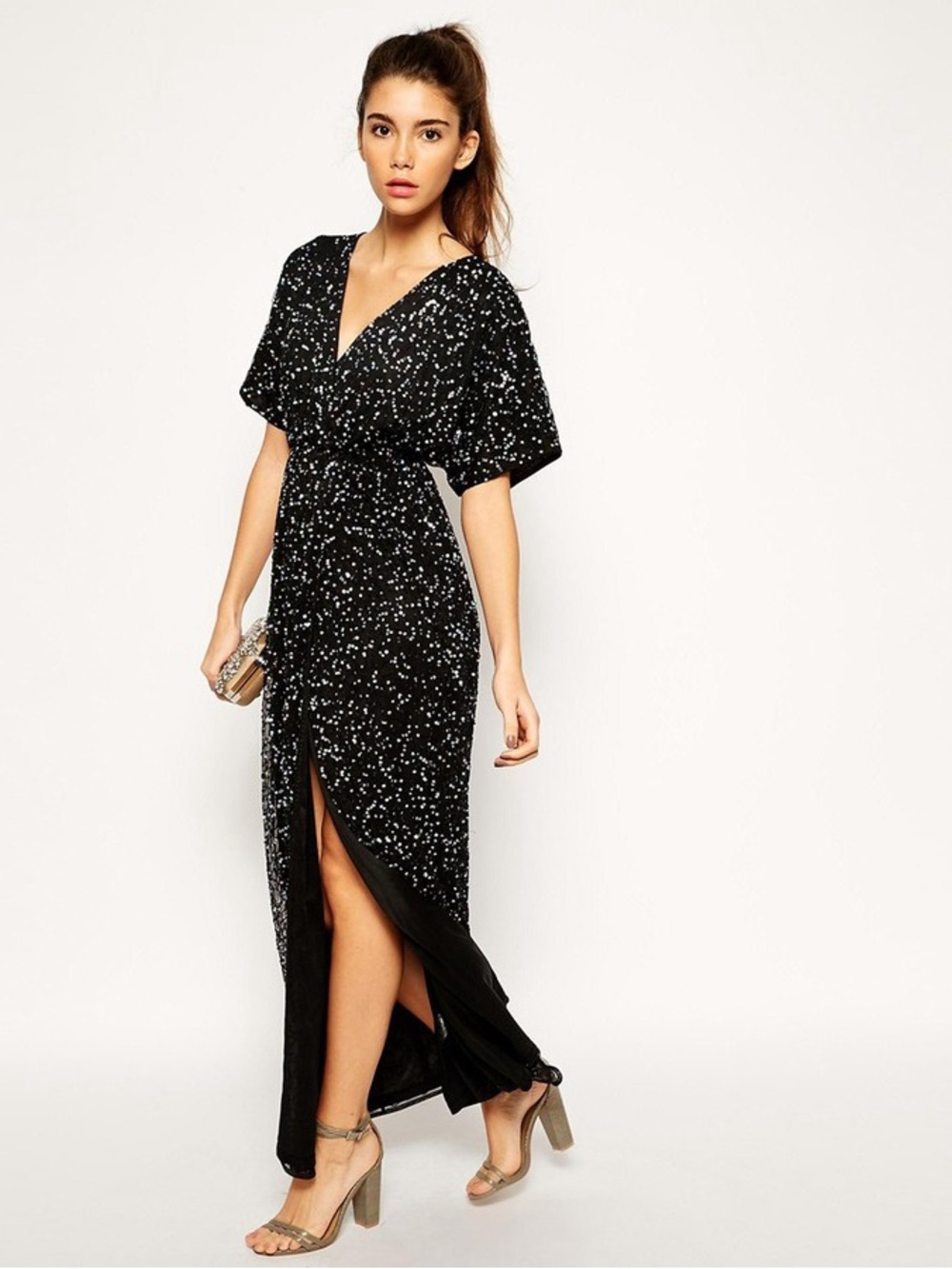 ASOS Petite Sequin Kimono Sleeve Maxi Dress Black Prom Formal Evening Size 2